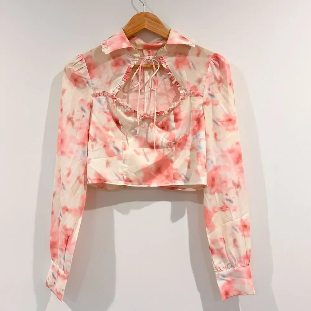 CIDER Watercolor Floral Cropped Blouse Ruffle Tie Neck Long Sleeve Small - Picture 1 of 4